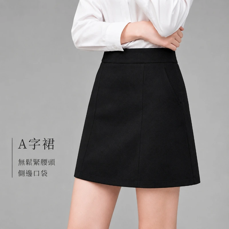 (裙長42cm) A字裙 短裙(有口袋)|西裝布 無彈性 職業女裙 領口袖口設計
