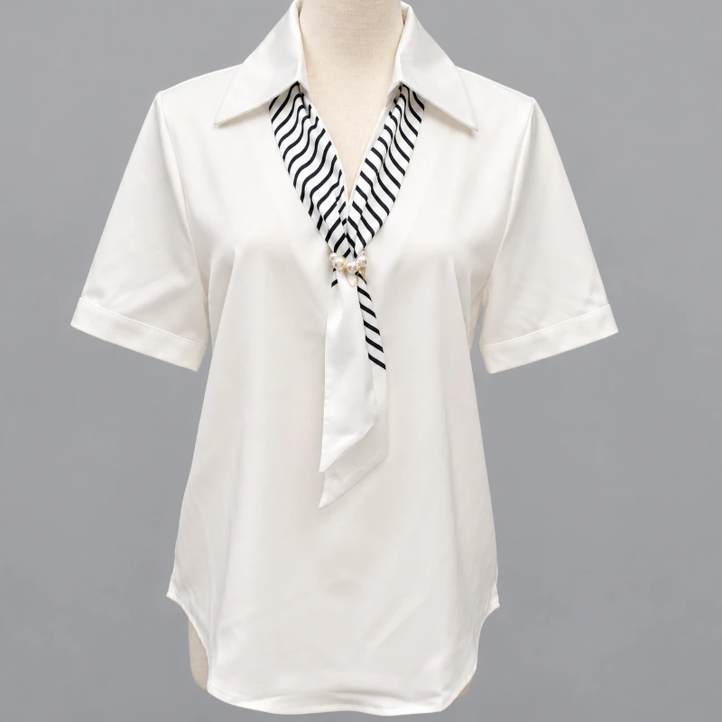 OL雪紡衫 條紋綁帶 珍珠飾品 短袖女襯衫 正面全身展示