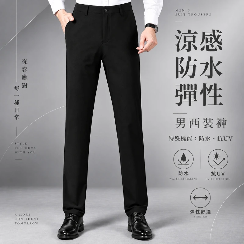 男西裝褲|彈性涼感透氣修身褲 側面穿搭展示