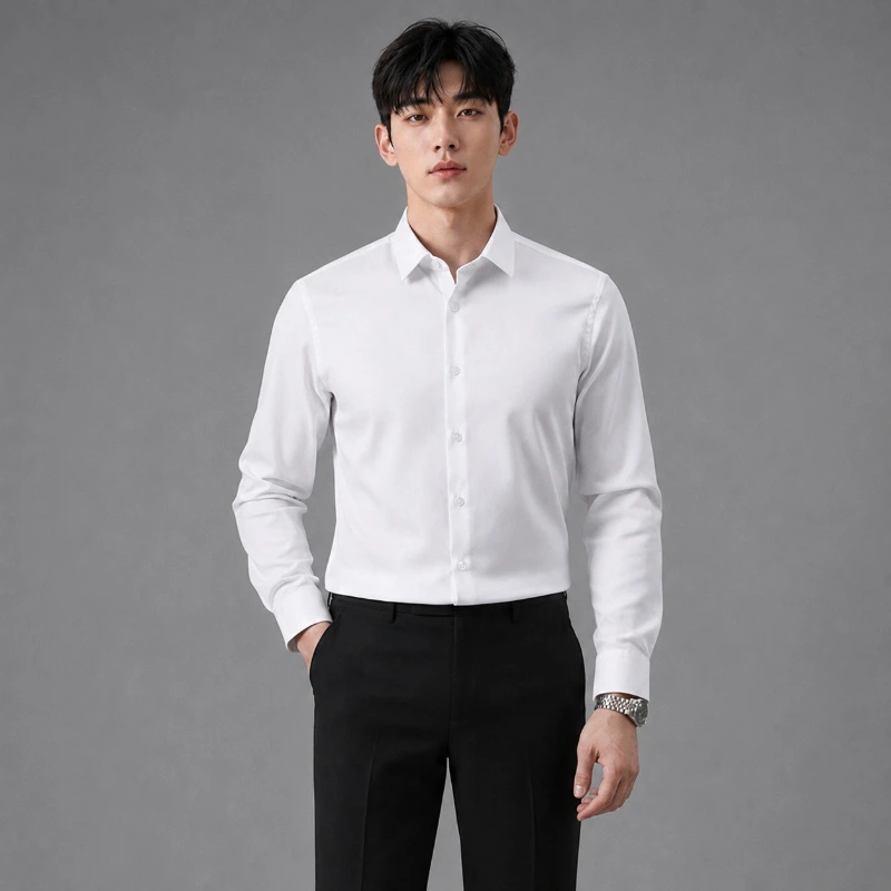 白襯衫男 (無口袋)精品抗皺 涼感 免燙襯衫 高級絲光棉|商務上班面試百搭 側面穿搭展示