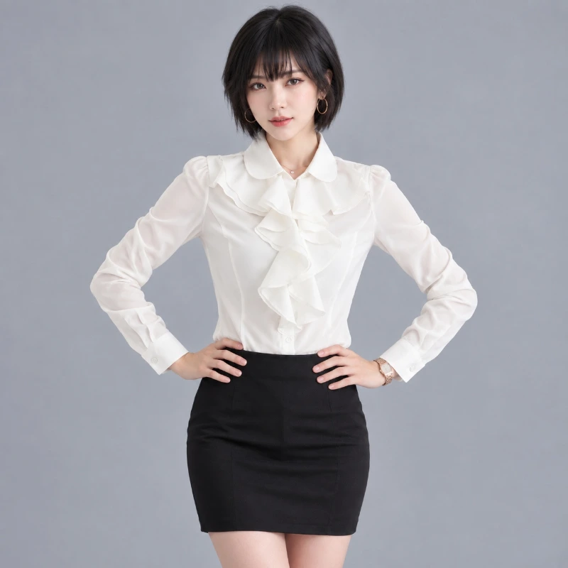 OL蕾絲荷花邊 OL女襯衫 雪纺衫 側面穿搭展示