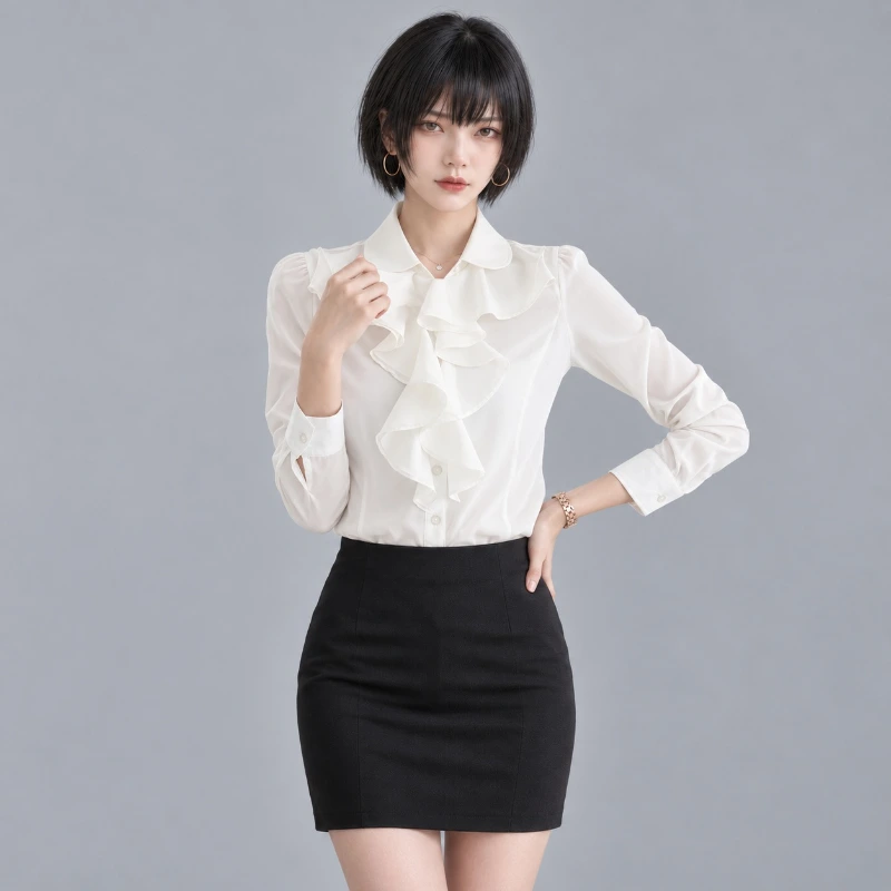 OL蕾絲荷花邊 OL女襯衫 雪纺衫 布料材質特寫