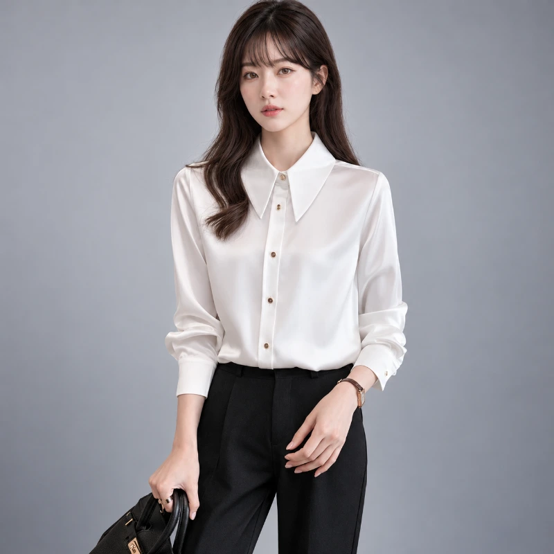 韓國女白襯衫 復古尖領 高品質雪紡衫 (免燙)WCPS64 側面穿搭展示
