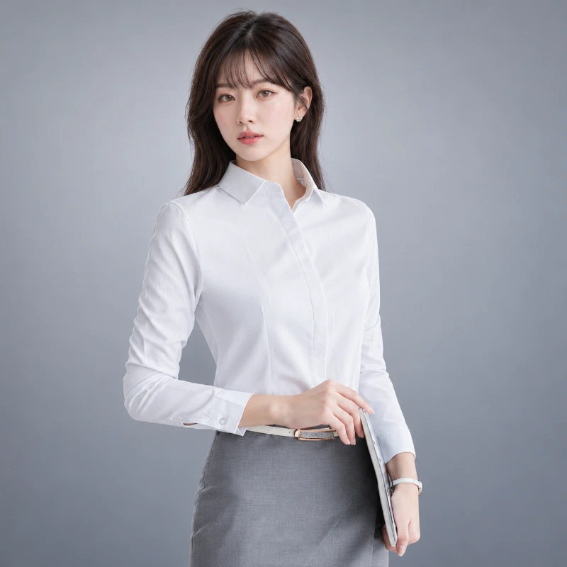 (細直條紋)防走光隱藏扣子 OL女白襯衫 長袖(白色)WCPS85 背面展示