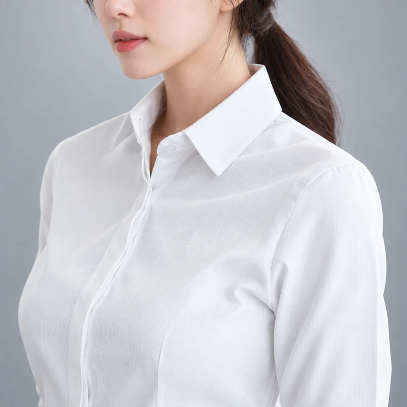 (細直條紋)防走光隱藏扣子 OL女白襯衫 長袖(白色)WCPS85 整體穿搭造型