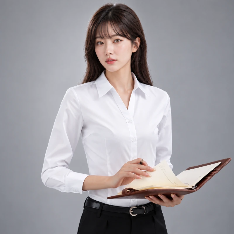V領 混紡棉 白色襯衫女 (加挺版 長袖 ) 台灣現貨WCPS65 側面穿搭展示
