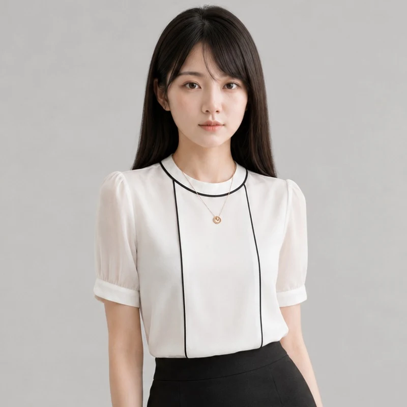 寬鬆版 高品質雪紡 圓領黑條拼接白衣短袖女襯衫wcps71 背面展示