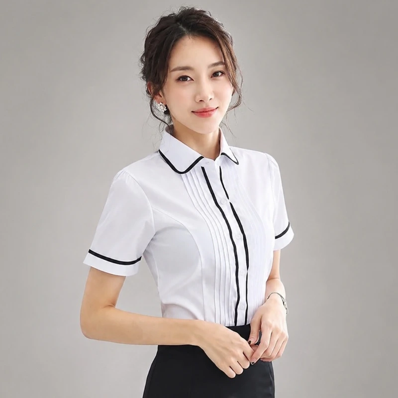 雪紡黑條紋包邊女長袖白色圓領修身襯衫 側面穿搭展示
