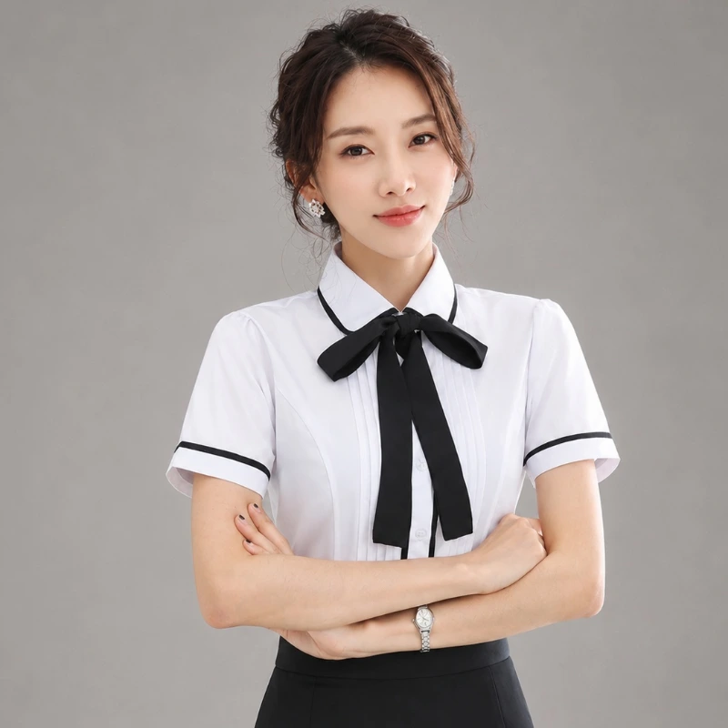 雪紡黑條紋包邊女長袖白色圓領修身襯衫 布料材質特寫