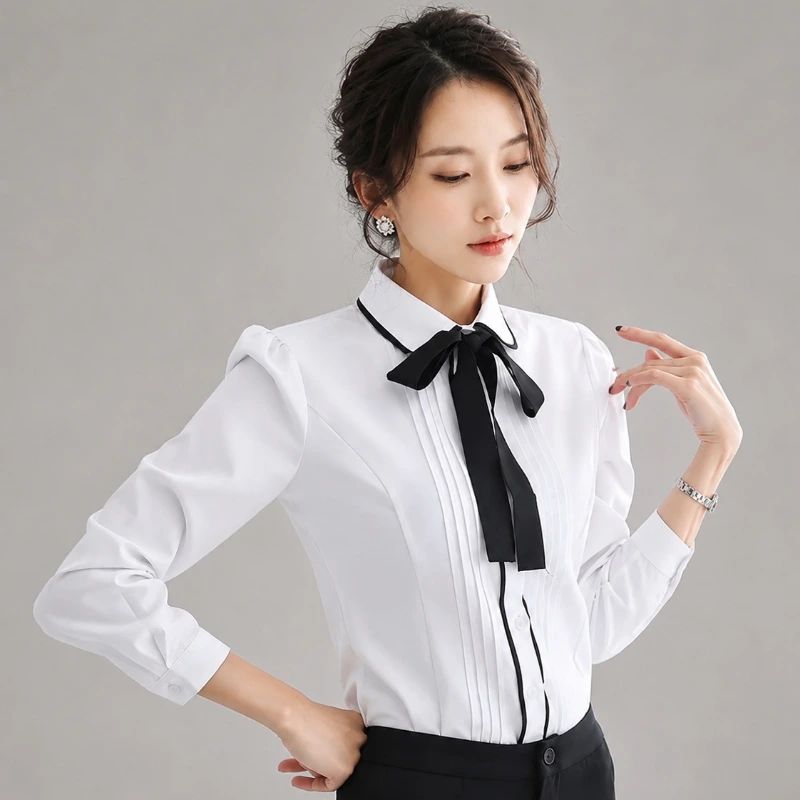 雪紡黑條紋包邊女長袖白色圓領修身襯衫 領口袖口設計