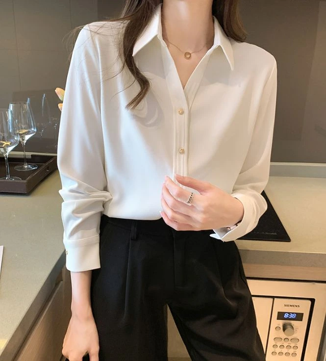 雪紡V領金扣女長袖白襯衫 寬鬆OL免燙抗皺涼感 領口袖口設計