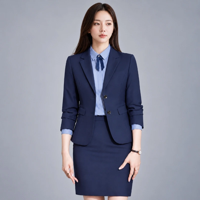 藍色女西裝外套(雙釦修身)