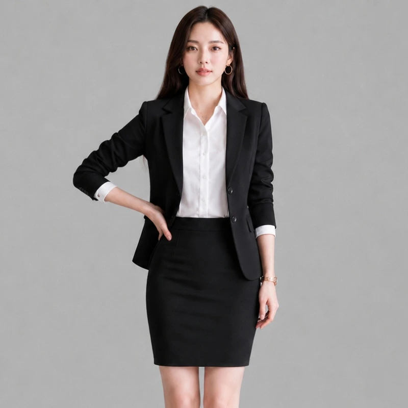 (裙長46cm) 加挺西裝布OL窄裙 黑色/藏藍 制服面試百搭 領口袖口設計