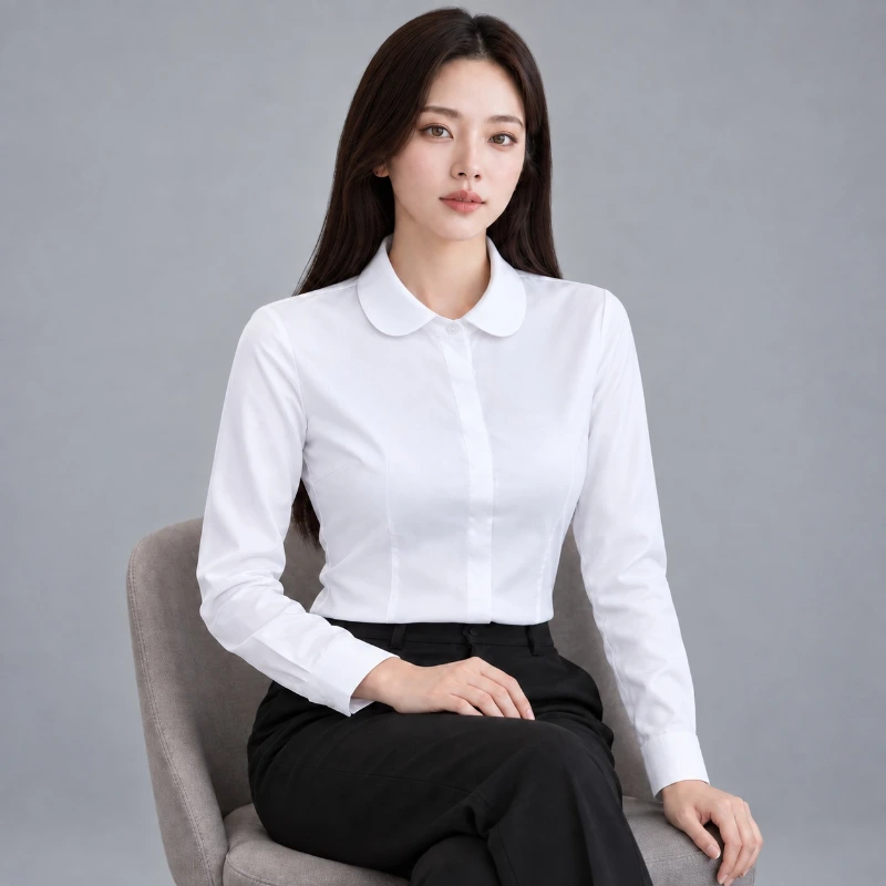 女白襯衫 圓領加挺版長袖 OL大尺碼 布料質地特寫