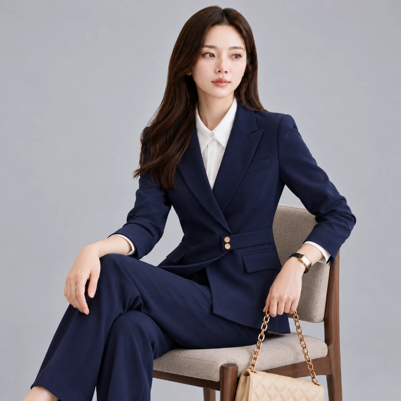 女西裝外套藍色|韓版收腰真口袋西裝外套 側面穿搭展示