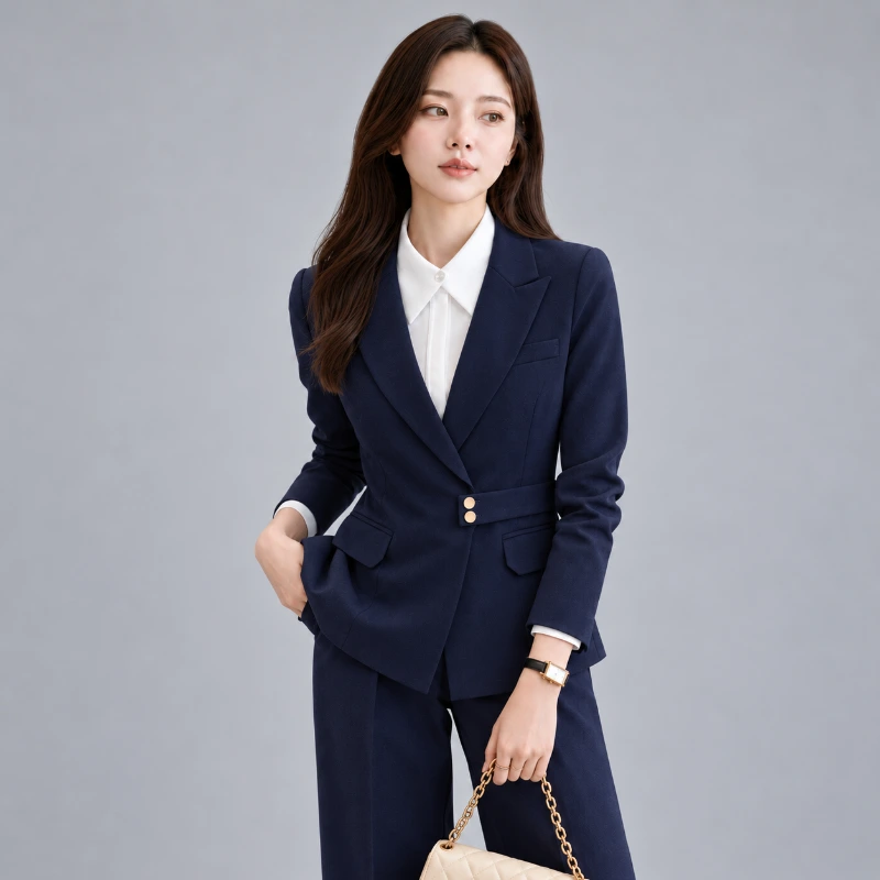 女西裝外套藍色|韓版收腰真口袋西裝外套 背面展示